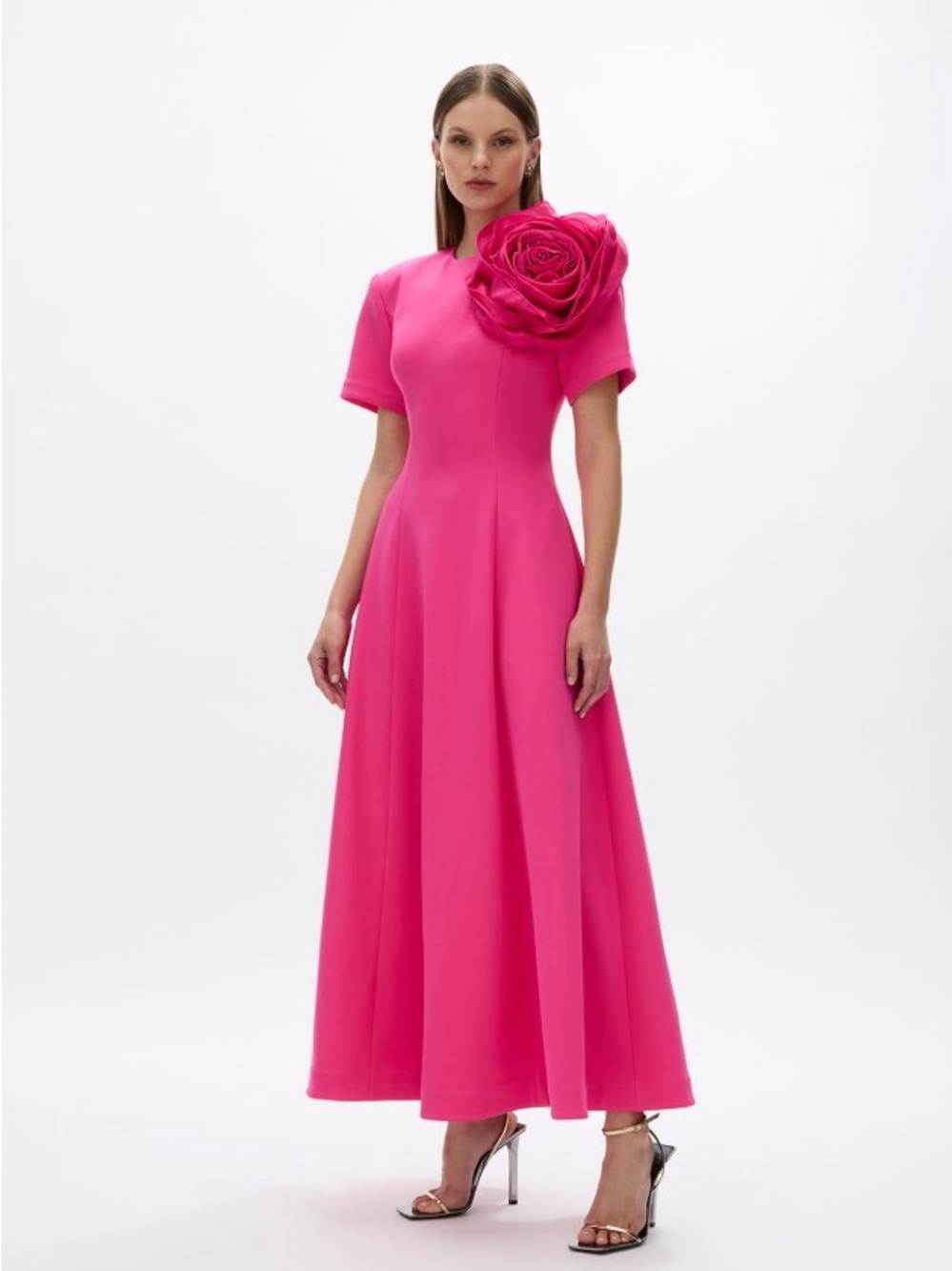 Rachel Gilbert Vya Short Sleeve Fuschia Floral Appliqué Midi Dress NWOT
